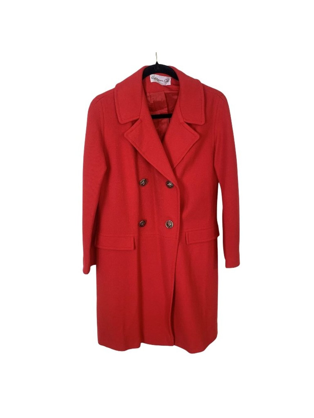 Vtg Red Wool Womens Coat 1960s Double Breasted Lion Head Buttons California Girl